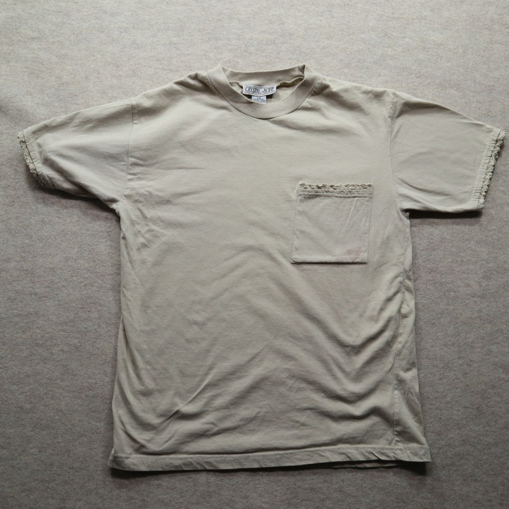 Crystal Kobe Pocket Tee Small Beige Vintage 90s Crochet Trim Short Sleeve Shirt